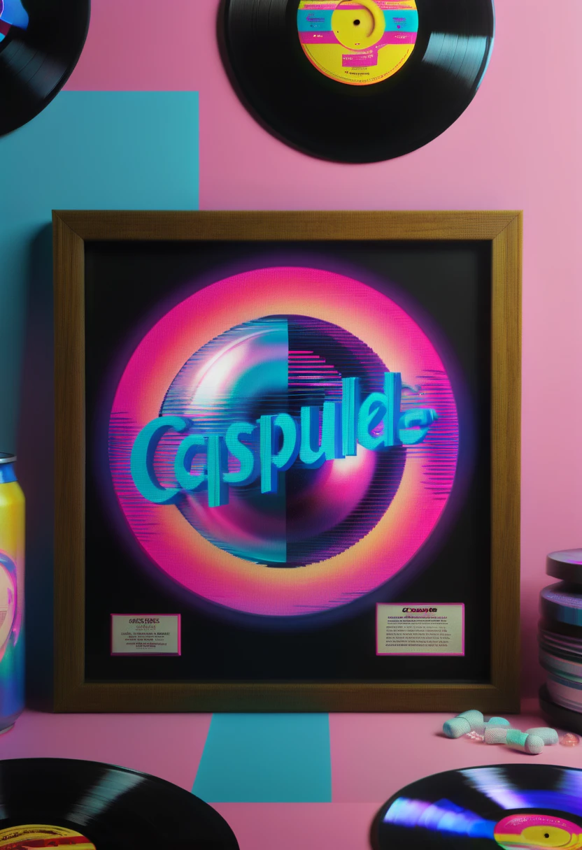 Framed, capsuled, pils, drugs, medicine,80's, vinyl records,Vaporwave Aesthetic style, synthwave,