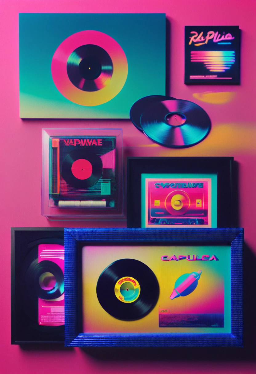 Framed, capsuled, pils, drugs, medicine,80's, vinyl records,Vaporwave Aesthetic style, synthwave,