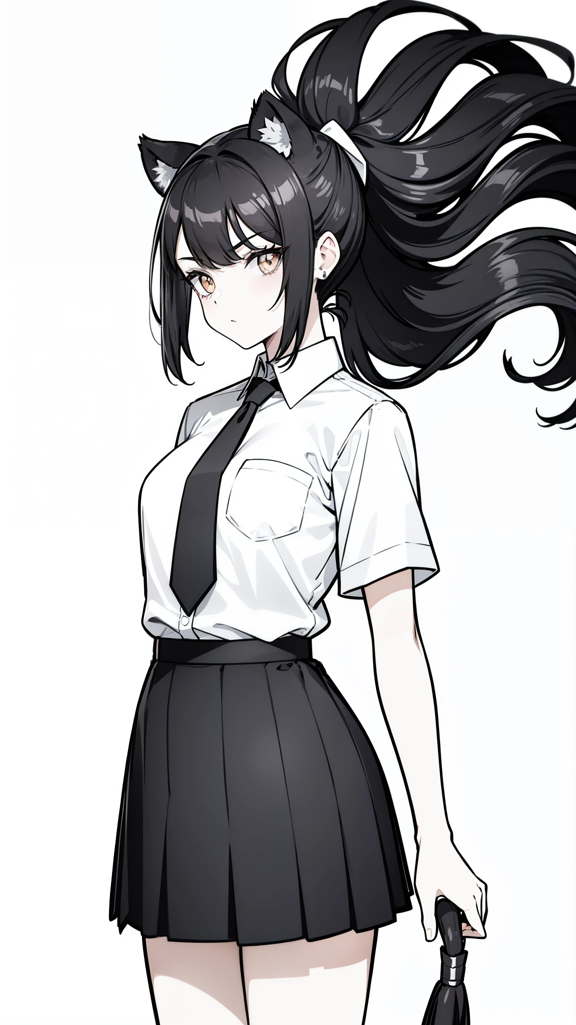 1girl,20s,serious,white shirt,black standard tie,short sleeves,white school skirt,ponytail hair,long hair,black hair,lion ears,lion mane hair,(white background,line drawing),