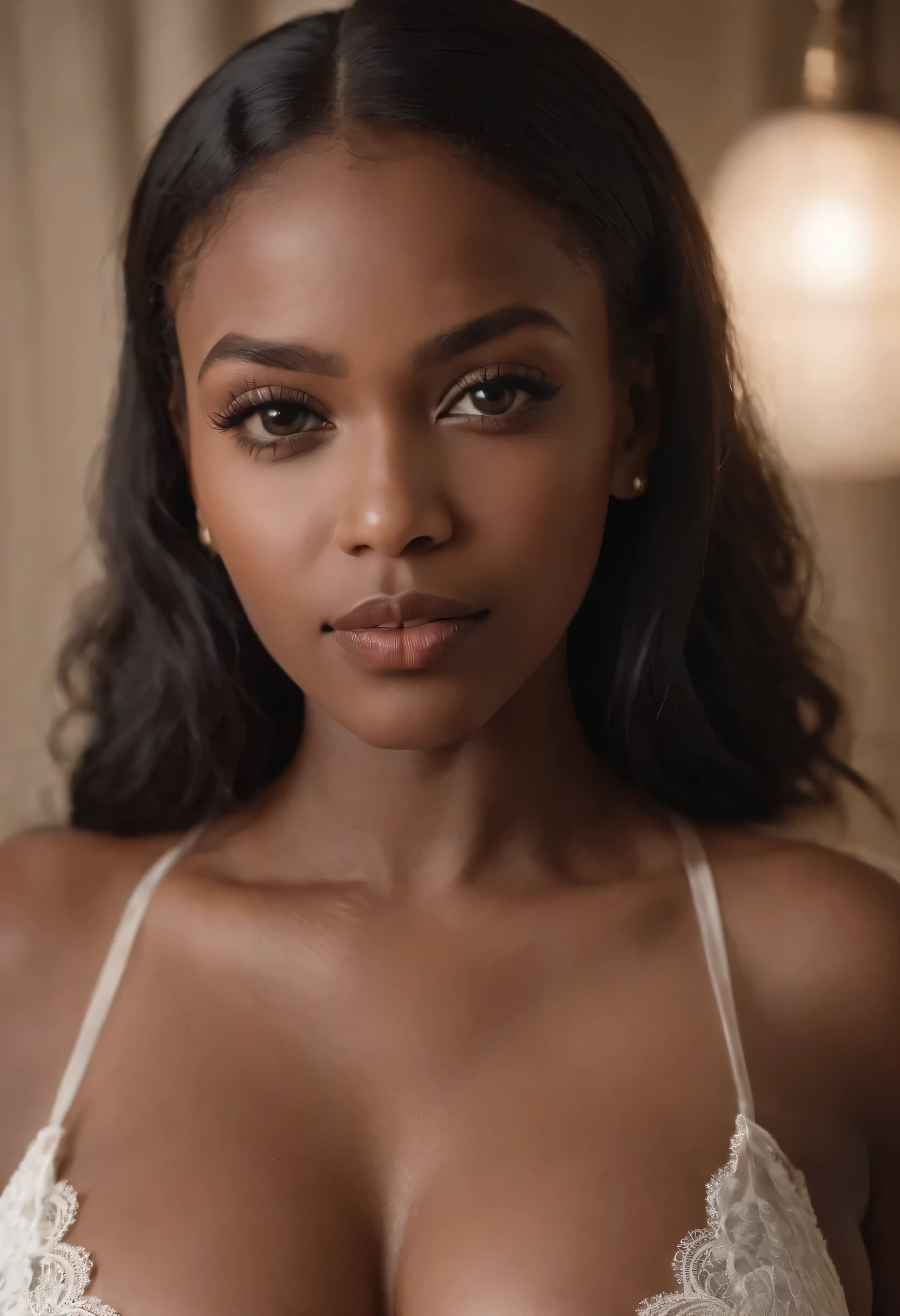 ((Dark African skin, Very deep ebony skin)), ((Its beauty is undeniable)), ((Excited cute face)), ((Hyper detailed perfect eyes,)), ((Language output)), ((Seductive)), sexy, ((small white bra, white stockings)), ((Afro ponytail with long African curly hair, lipstick, mascara)), ((skin)), ((oiled body)), ((selfie from above)), ((laying, on top of bed, full body, view from above)), ((touching her belly in a sexy pose)), ((hotel, laying on top of bed)), Sharp Focus CGI, photorealistic, High detail, Realistic, Masterpiece, absurd, Best quality, Hdr, High quality, high-definition, Extremely detailed, 8k wallpaper, Intricate details, 8K UHD, Full-HD, (photo realist:1.2), contrast, intense illumination, lighting cinematic, natural lighting, Illumination globale, open mouth, African women, Female sexy