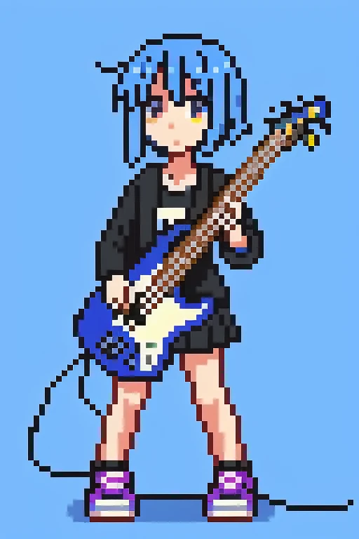 1 girl, blue hair,whole body, Pixel World, No background、have an electric bass、wear sneakers