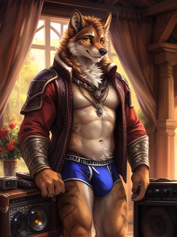 (author：Hioshiro、kenket and dimwitdog, Michael &amplifier; Inessa Garmash, ruanjia, Pinodeheni, Chunie), Alone, Humanity, male people, (Bjorn), ((Intricately detailed fluffy fur texture)), my, Karasumi, (yellow-eyed) , Chest hair tufts, ((dressed in))，Strong，Handsome,musculature, Cinematic, Alone, (Muscle tissue), (shadowing), (詳細な目):1.2, briefs, bulge