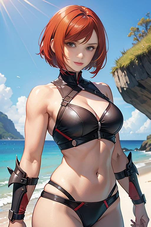 Woman warrior,redhead,woman,20th generation，short hair,bob cut,musculer,bikini armor