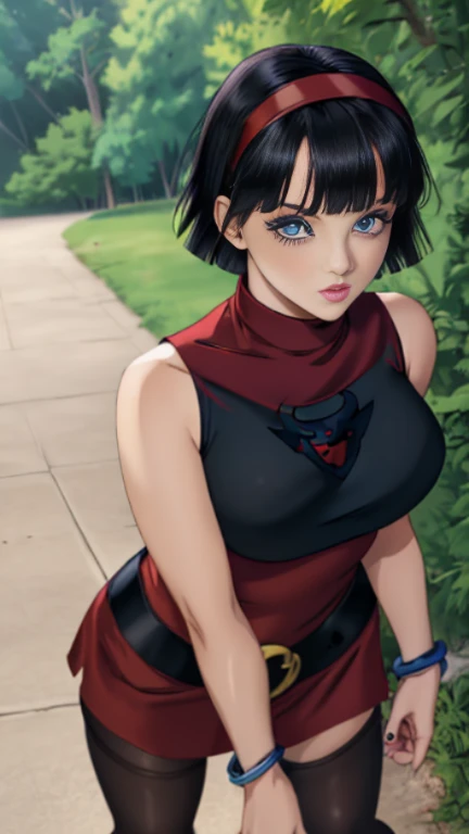 masterpiece, best quality, outdoors,
blue eyes, colored eyelashes, eyelashes, black hair, 
videldress, 1girl, solo, looking at viewer, cowboy shot, hairband, short hair, red hairband, bangs, sleeveless, dress, jewelry, belt, red dress, bracelet, breasts, pantyhose, black pantyhose, bare shoulders, sleeveless dress, blunt bangs,
