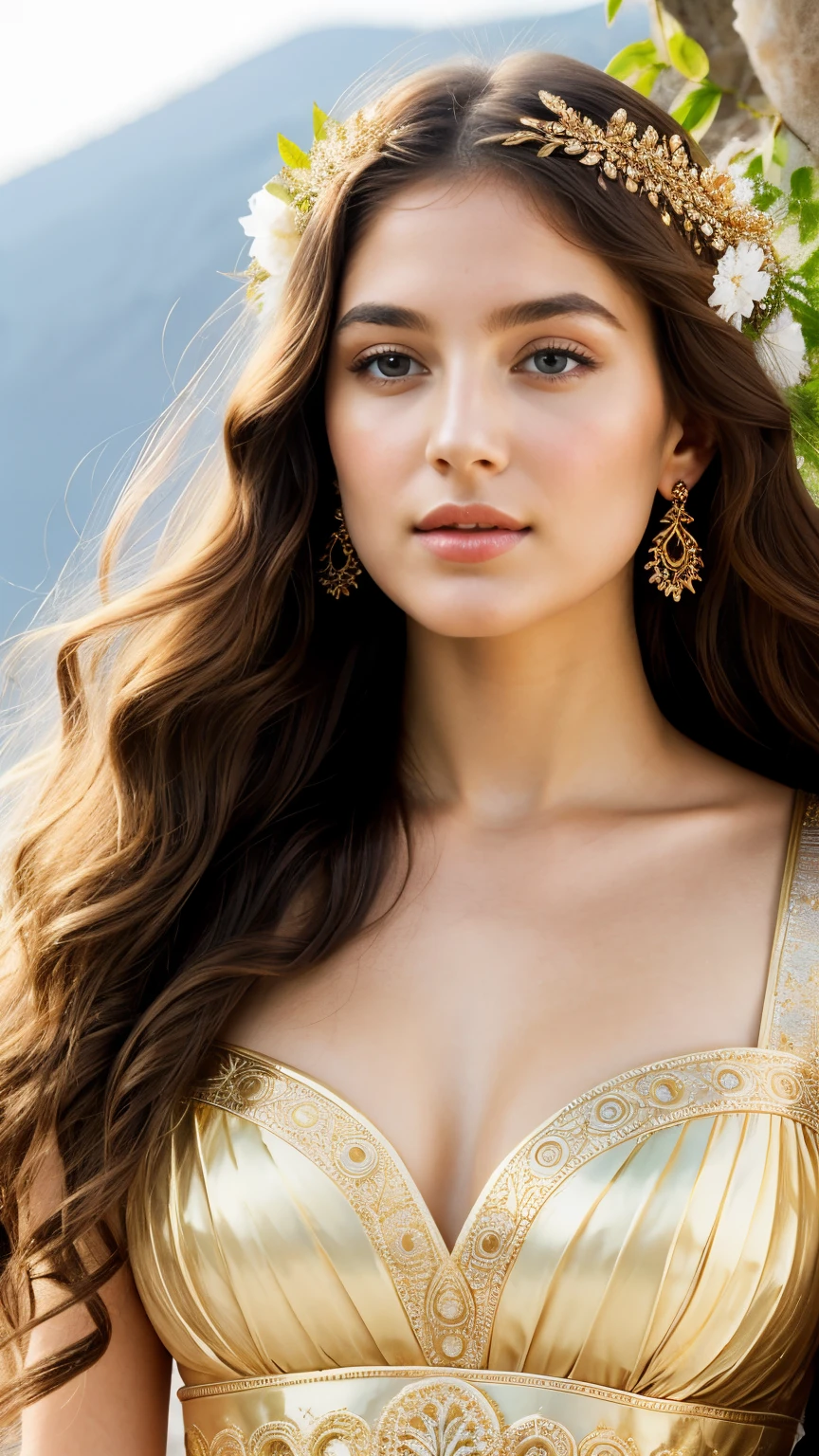 "Design a mesmerizing Greek Goddess with features inspired by classical beauty. Start with an ethereal complexion, radiant and flawless, reminiscent of marble statues. Her eyes should exude wisdom and depth, with a subtle hint of mystery. Choose a captivating eye color, perhaps a deep azure or emerald green.
For her hair, envision cascading waves or curls, either flowing freely or elegantly gathered in a divine hairstyle. Experiment with golden hues, reflecting the sunlight to enhance her celestial aura.
Craft a regal yet graceful demeanor in her pose, drawing inspiration from ancient Greek sculptures. Adorn her with ethereal drapery that gracefully wraps around her form, using subtle details to emphasize her divine status. Consider incorporating symbolic elements, such as laurel leaves or an intricate headdress, to highlight her connection to nature or wisdom.
Choose a background that complements her divine presence, whether it be a celestial landscape, a temple, or a serene garden. Pay attention to lighting, enhancing the goddess's radiance while creating a harmonious atmosphere.
Feel free to explore various artistic styles, from classical to contemporary interpretations, to bring a unique perspective to this captivating Greek Goddess. Ensure that her beauty emanates a timeless charm, capturing the essence of classical mythology."