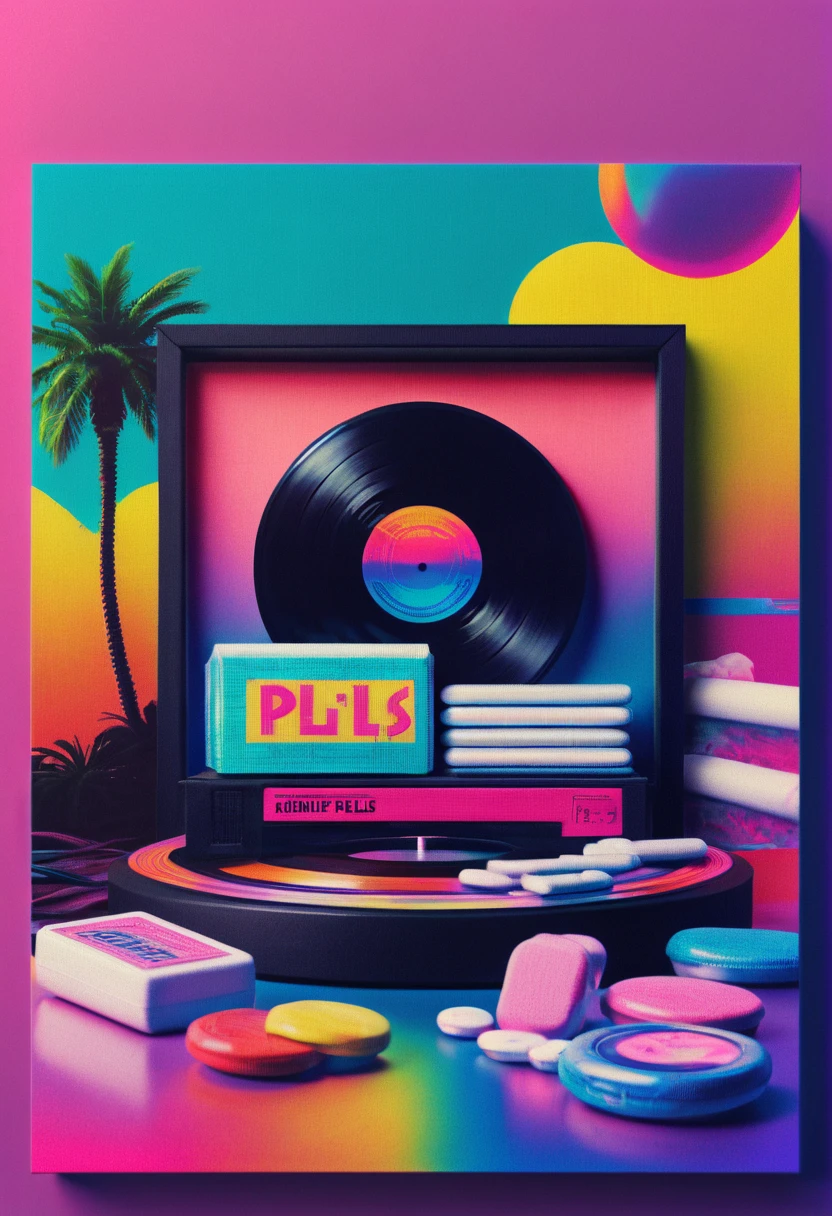 Framed, capsuled, pils, , medicine,80's, vinyl records,Vaporwave Aesthetic style, synthwave,