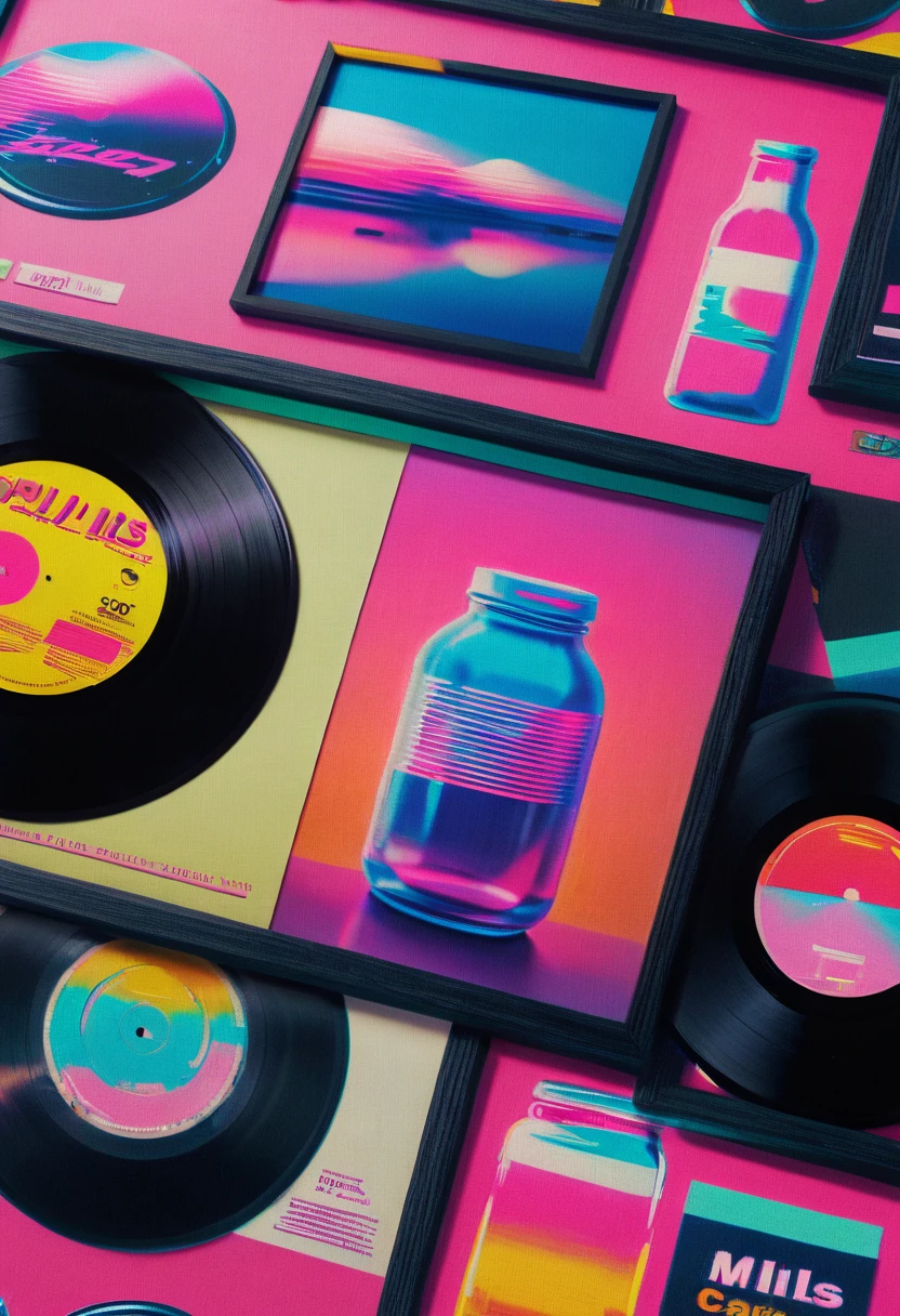 Framed, capsuled, pils, drugs, medicine,80's, vinyl records,Vaporwave Aesthetic style, synthwave,