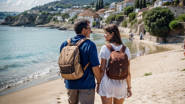 Generate the image of a middle-aged couple, “traveler style”, each with “a large travel backpack” on their back, with “euro notes falling out of the backpacks”. In the background, a very pretty little town, on the edge of a beautiful beach. A photographic style image, photo realistic.