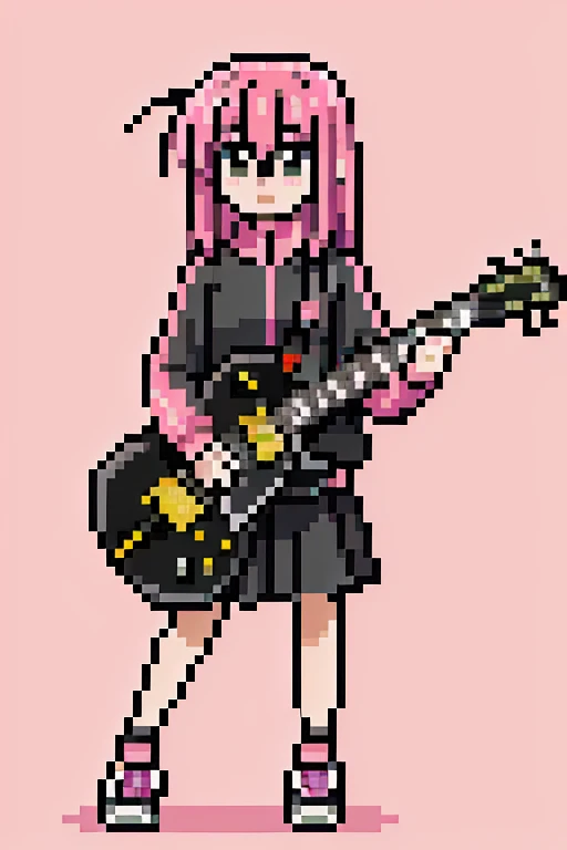 1 girl, pink hair,whole body, Pixel World, No background、holding a black electric guitar、wear sneakers