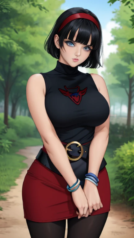 masterpiece, best quality, outdoors,
blue eyes, colored eyelashes, eyelashes, black hair, 
videldress, 1girl, solo, looking at viewer, cowboy shot, hairband, short hair, red hairband, bangs, sleeveless, dress, jewelry, belt, red dress, bracelet, breasts, pantyhose, black pantyhose, bare shoulders, sleeveless dress, blunt bangs,
