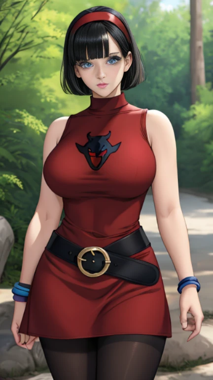 masterpiece, best quality, outdoors,
blue eyes, colored eyelashes, eyelashes, black hair, 
videldress, 1girl, solo, looking at viewer, cowboy shot, hairband, short hair, red hairband, bangs, sleeveless, dress, jewelry, belt, red dress, bracelet, breasts, pantyhose, black pantyhose, bare shoulders, sleeveless dress, blunt bangs,
