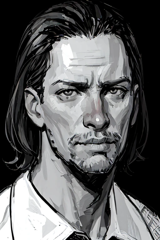 greyscale, monochrome, 1boy, solo, male_focus, realistic, looking_at_viewer, portrait, black_background, facial_hair