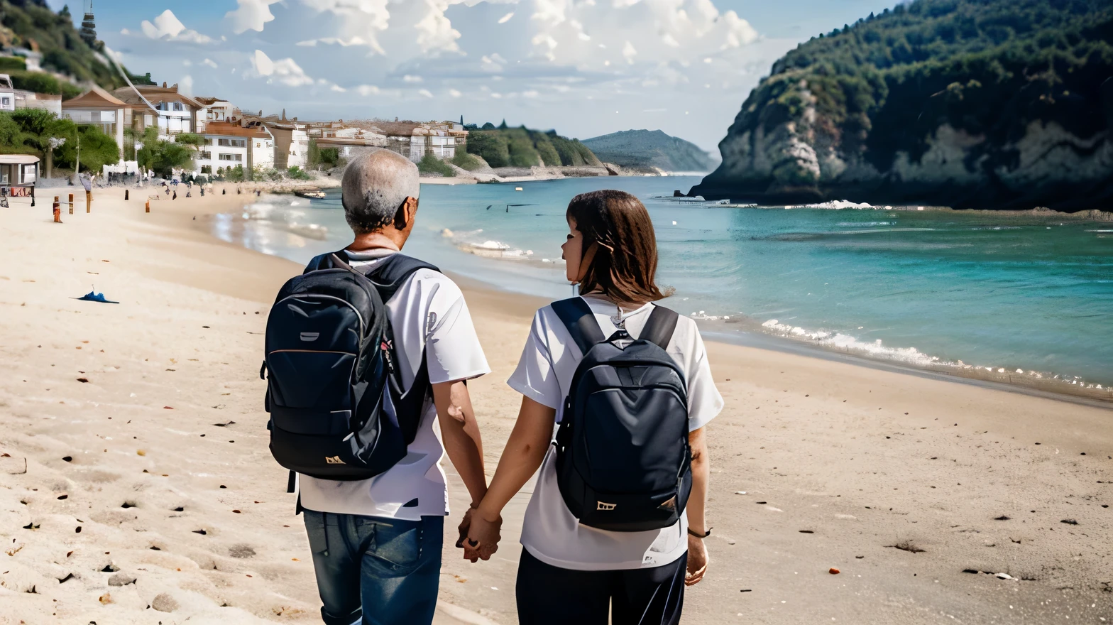 Gerar a imagem de um casal de meia-idade, “traveler style”, each with “a large traveling backpack” on their back, with “euro notes falling out of backpacks”. no fundo, uma cidadezinha muito bonita, on the edge of a beautiful beach. A photographic style image, foto realista.