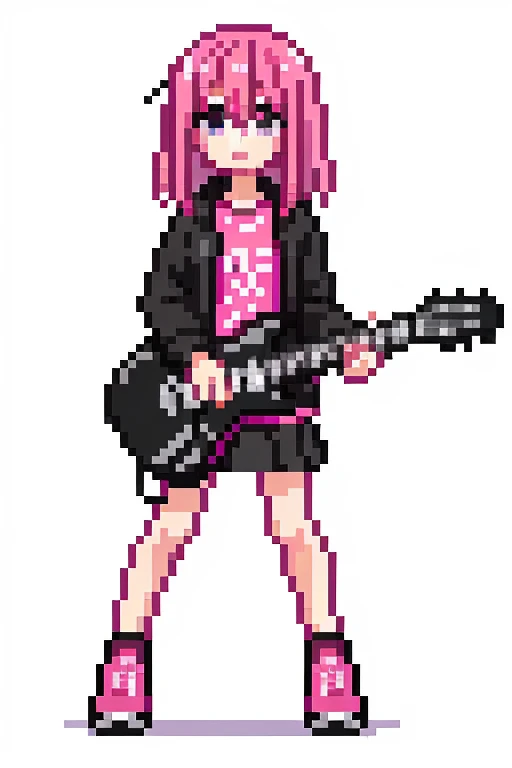 1 girl, pink hair,whole body, Pixel World, No background、holding a black electric guitar、wear sneakers