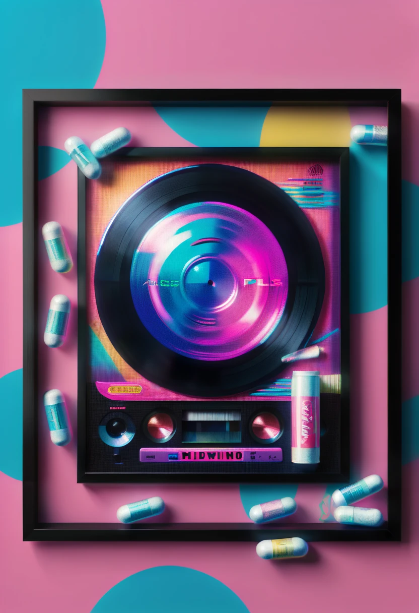 Framed, capsuled, pils, ?????, medicine,80's, vinyl records,Vaporwave Aesthetic style, synthwave,