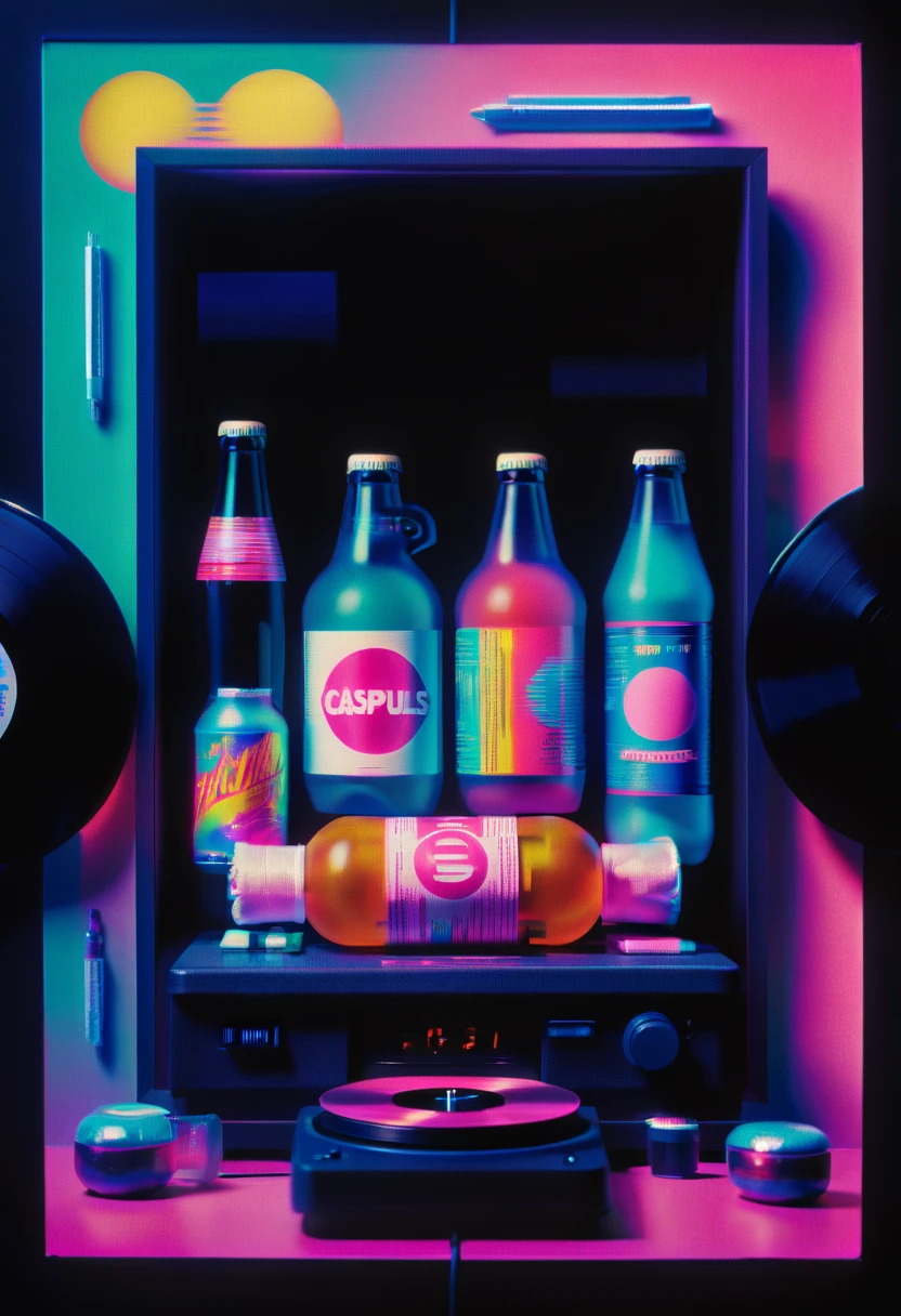 Framed, capsuled, pils, drugs, medicine,80's, vinyl records,Vaporwave Aesthetic style, synthwave,
