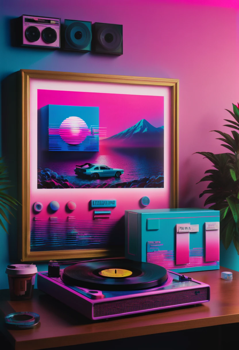 Framed, capsuled, pils, drugs, medicine,80's, vinyl records,Vaporwave Aesthetic style, synthwave,