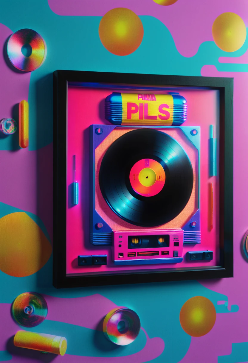 Framed, capsuled, pils, drugs, medicine,80's, vinyl records,Vaporwave Aesthetic style, synthwave,