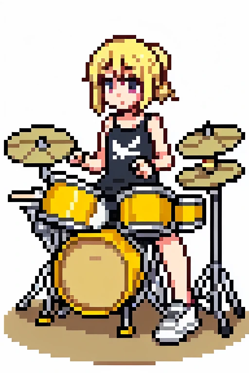 1 girl, blonde,Pixel World, No background、Drumming、wear sneakers