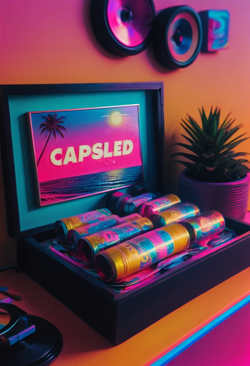 Framed, capsuled, pils, , medicine,80's, vinyl records,Vaporwave Aesthetic style, synthwave,