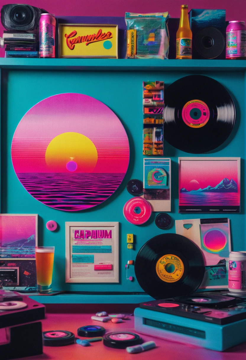 Framed, capsuled, pils, , medicine,80's, vinyl records,Vaporwave Aesthetic style, synthwave,