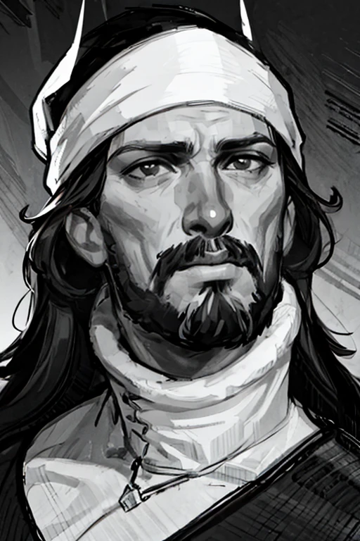 greyscale, monochrome, 1boy, solo, male_focus, facial_hair, realistic, beard, portrait, looking_at_viewer, closed_mouth