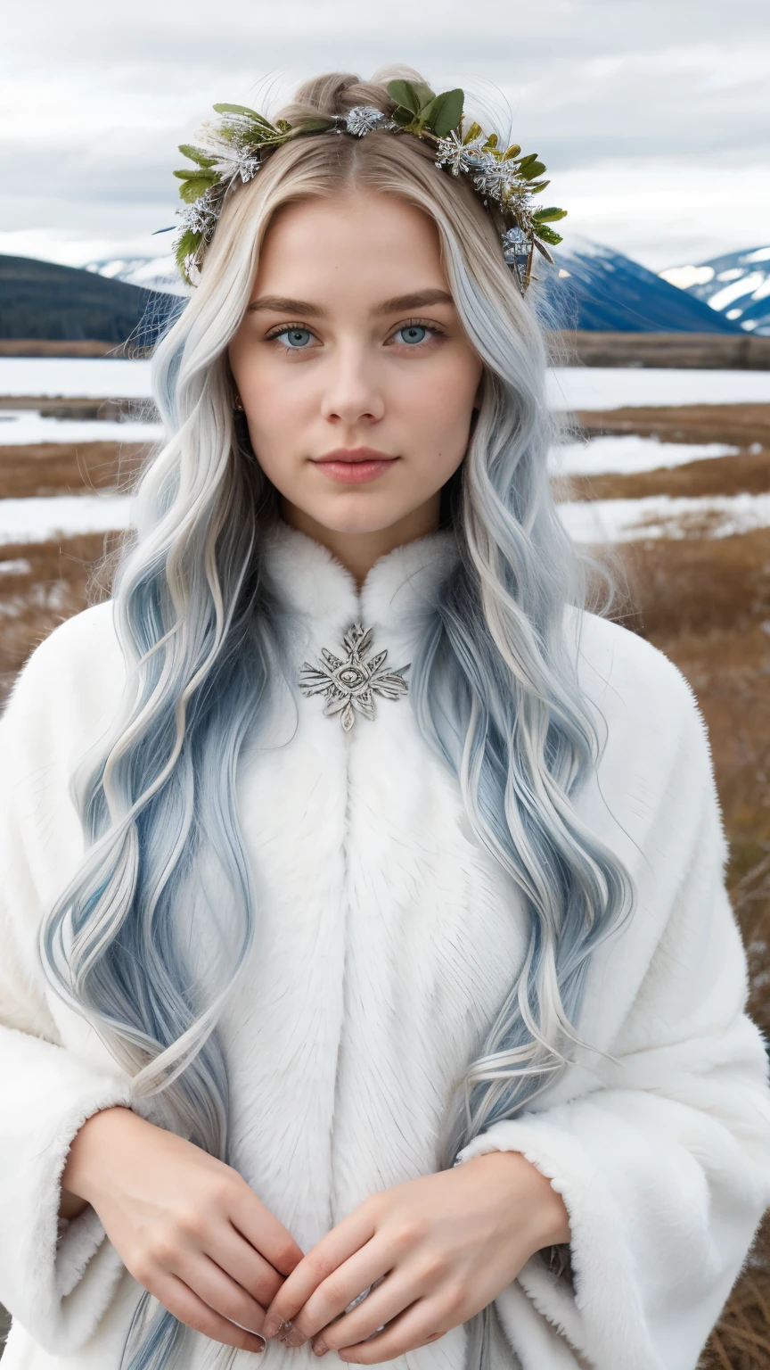 "Imagine a stunning Nordic Goddess with features that reflect the beauty of the Northern realms. Begin by envisioning her fair complexion, reminiscent of Nordic landscapes, with a touch of frost-kissed radiance. Opt for a cool, Nordic-inspired color palette, incorporating shades of icy blues, silvery whites, and soft lavender to enhance her ethereal beauty.
Focus on her eyes, conveying a sense of wisdom, resilience, and a spark of magic. Experiment with eye colors like icy blue or cool silver to capture the essence of Northern lights. Consider subtle runes or mystical symbols around her eyes to evoke an otherworldly charm.
Craft her hair in a style that channels the wild elegance of Nordic landscapes. Picture flowing, wavy locks that mimic windswept tundras, or opt for a braided crown adorned with delicate snowflakes. Experiment with shades of platinum blonde or cool silver to enhance the celestial aura.
Pose her in a regal yet approachable manner, drawing inspiration from Nordic mythology and folklore. Consider incorporating traditional Norse accessories like intricate metalwork, fur-lined garments, or symbolic jewelry that evoke her connection to nature and ancient traditions.
Choose a background that complements her Nordic heritage, such as a snowy landscape, an enchanted forest, or the shimmering lights of the aurora borealis. Pay attention to lighting, creating a balance between the magical glow and the surrounding elements.