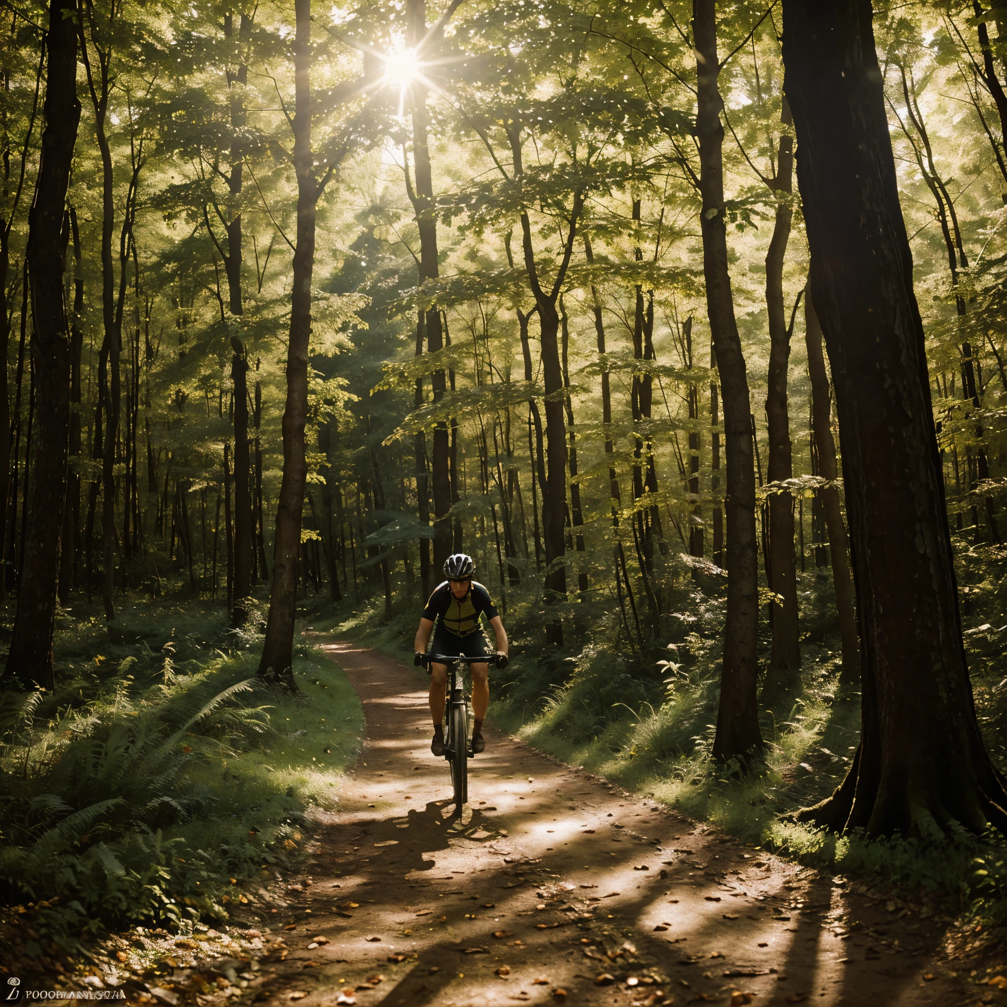 A novice cyclist embarking on a forest trail adventure, navigating a winding path that leads deep into the heart of nature. Sunlight filters through the leaves, creating a play of light and shadow on the ground. The cyclist's expression is a mix of excitement and determination as they pedal through the lush greenery, surrounded by the symphony of birdsong and rustling leaves. The forest seems to come alive with the vibrant colors of wildflowers and the earthy tones of tree bark. Photographed by Dorothea Lange, using a Canon EOS 90D with a 24-70mm lens, the lighting is characterized by the warmth of golden hour, casting a magical glow on the scene