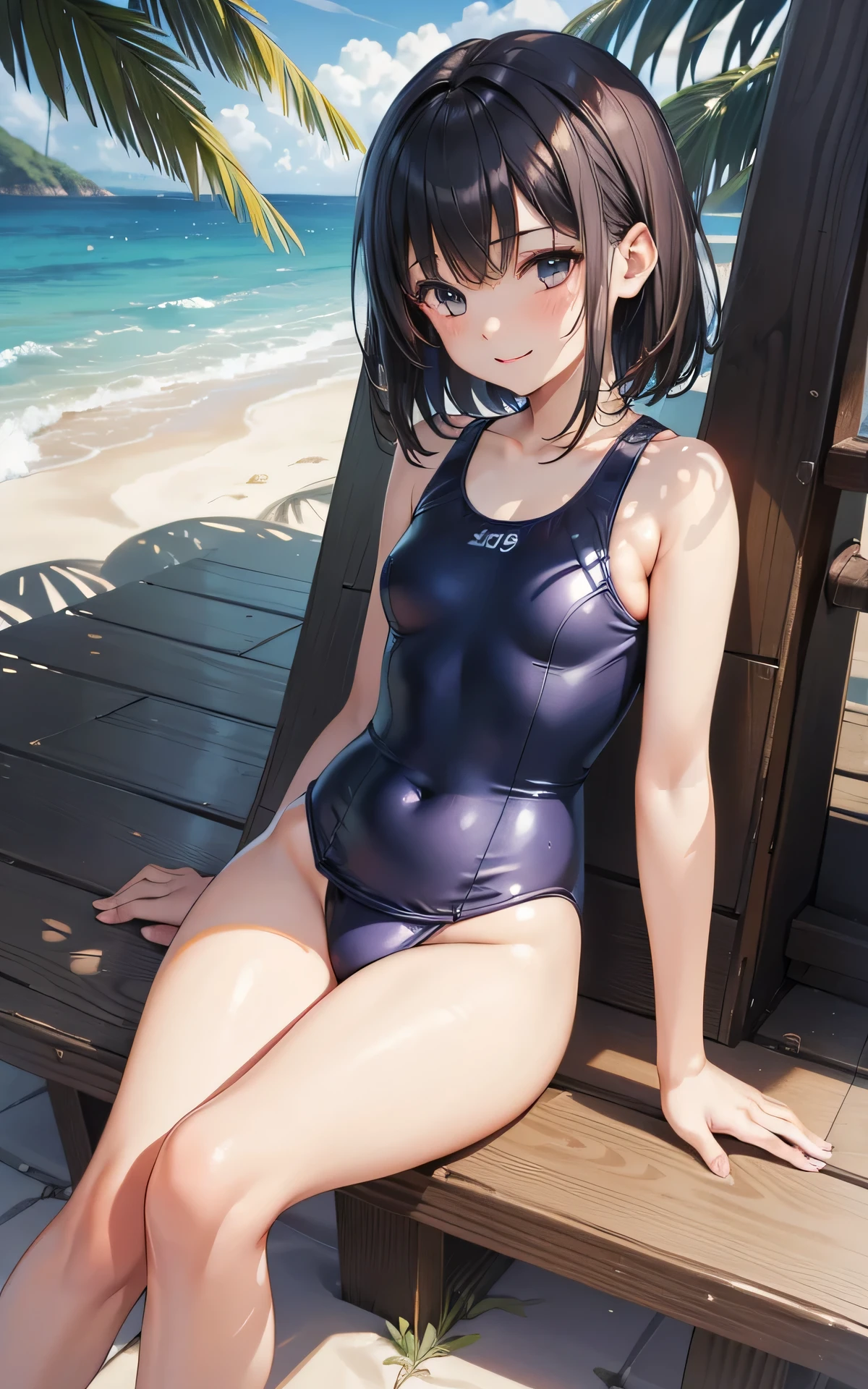 absurderes、detailed hair、Flat Lighting、sexy pose、best quality、intricate detailed、Hyperrealistic、perspective, highly detailed, detailed background, illustration、18 years old、1 girl、((old school swimsuit)), body shape、small breasts、smile、short stature、very shrot hair、beach、sitting