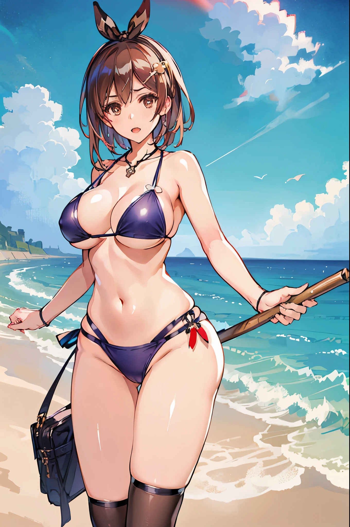 (Best Quality, 4K, 8K, hight resolution, masutepiece:1.2), ((solo),Ultra-detailed, (Realistic), Mature Woman,((sea)),masutepiece, Highest Quality, Ultra-fine,max resolution, Extremely detailed, (bikini,high-leg)),thong,Rat trail section,happily face,Seductive thighs,smile,thigh-high socks,open mouth,Stick in own hand,2ndDefault, Asymmetrical Designed Costume,Colossal tits,Braided hair,narrow waist,