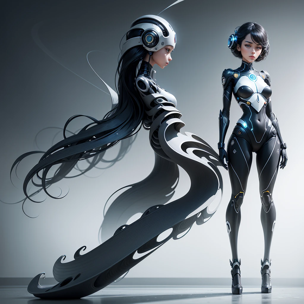 Full body girl, has an elegant and sophisticated appearance, combining elements of artificial intelligence with a touch of unique personality. Its structure is formed by smooth lines and contours, conveying a sense of fluidity and modernity.