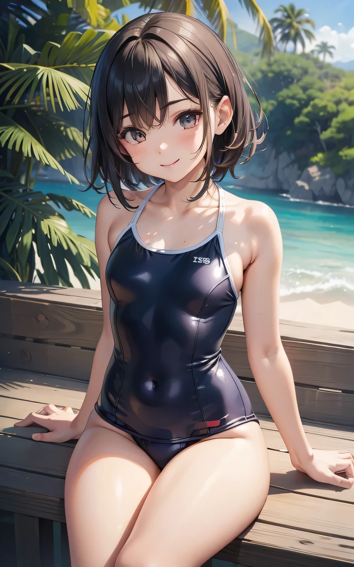 absurderes、detailed hair、Flat Lighting、sexy pose、best quality、intricate detailed、Hyperrealistic、perspective, highly detailed, detailed background, illustration、、1 girl、((old school swimsuit)), body shape、small breasts、smile、short stature