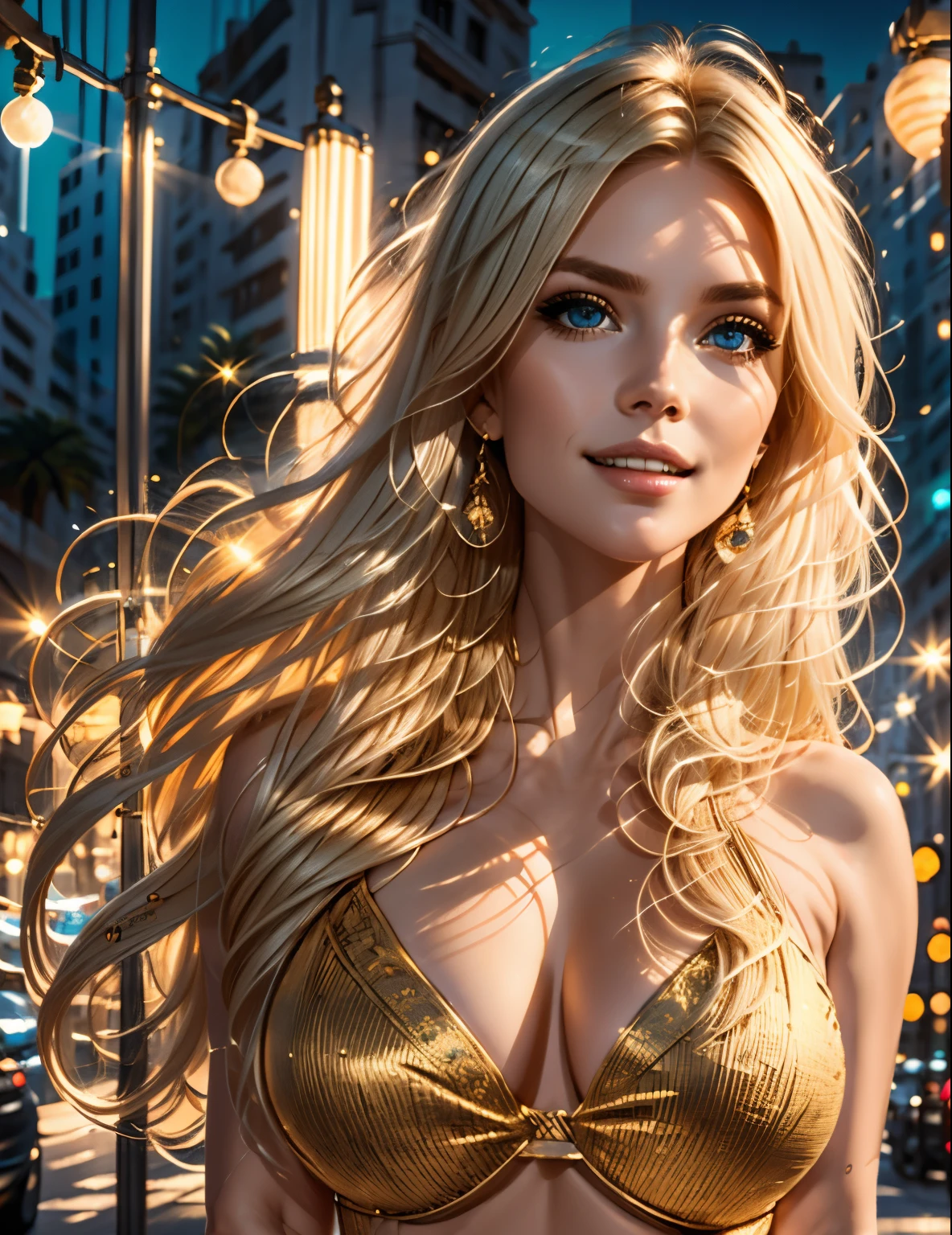 (half body shot ,street lamps ,moon), Masterpiece, 1girl, solo exhibition, beautiful woman on the bustling street, surrounded by hawkers, beautiful goddess girl portrait, beautiful and detailed face, big smile, porcelain skin, (((bust shot, center, night, blonde hair, long hair)), super soft lighting, symmetry, complexity, elegance, high detail, realism, art, concept art,