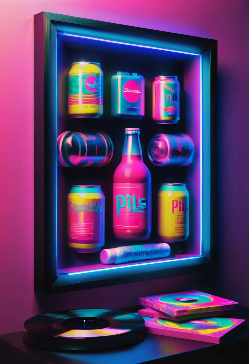Framed, capsuled, pils, drugs, medicine,80's, vinyl records,Vaporwave Aesthetic style, synthwave,