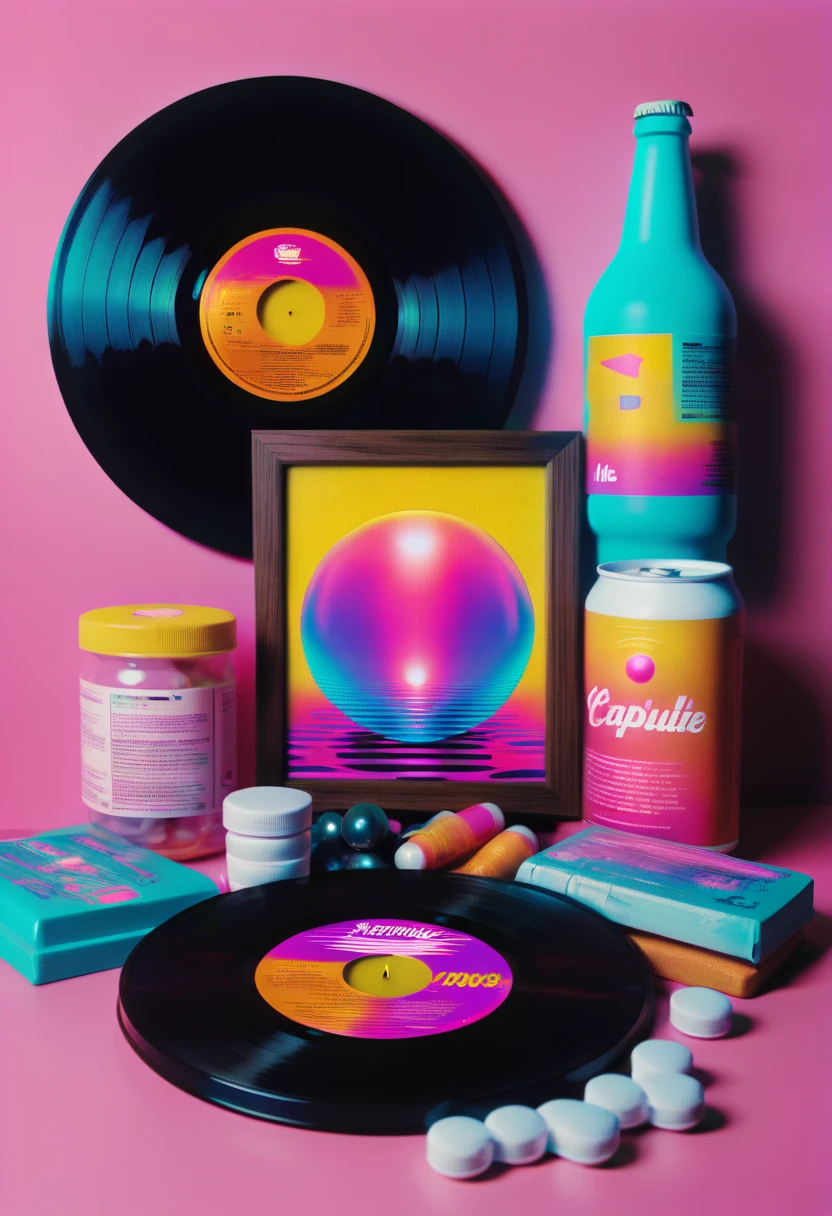 Framed, capsuled, pils, , medicine,80's, vinyl records,Vaporwave Aesthetic style, synthwave,