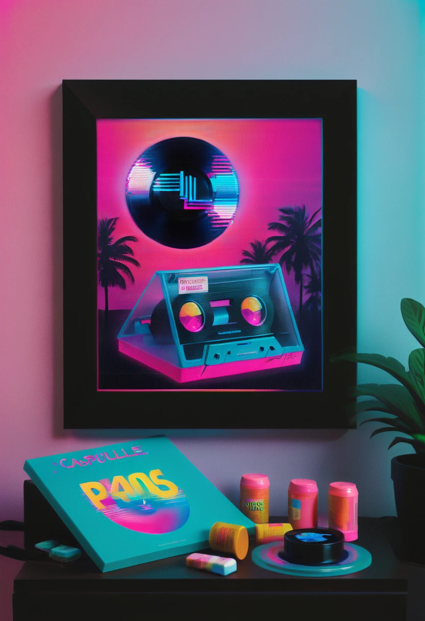 Framed, capsuled, pils, drugs, medicine,80's, vinyl records,Vaporwave Aesthetic style, synthwave,