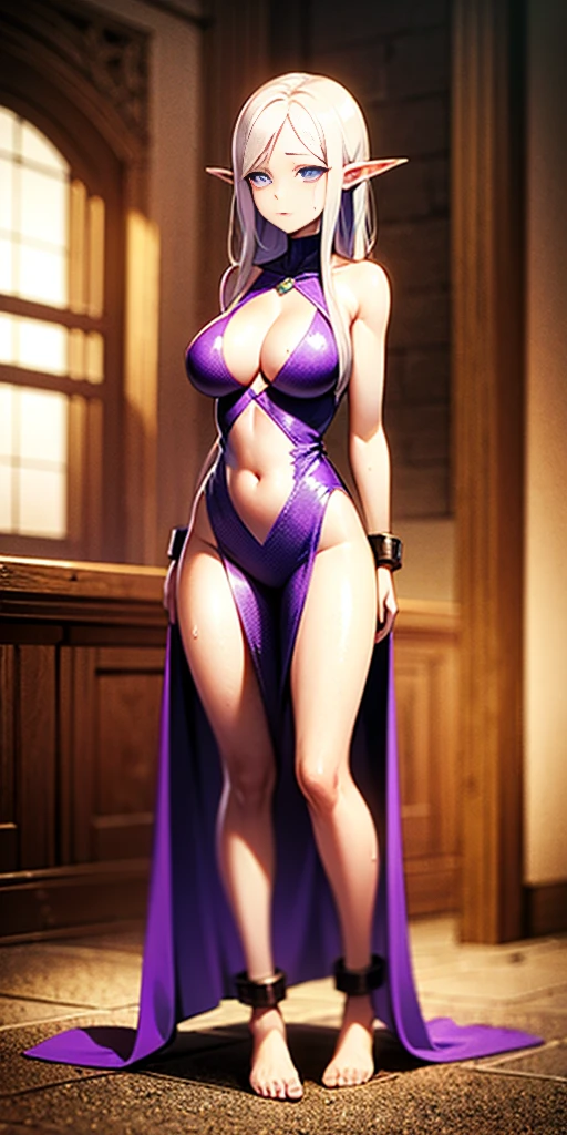 full body, head to toe, standing straight symmetrical, feet together, arms behind body, hide arms, shackles on knees, A tall and beautiful elf woman, light blue glowing eyes, cold expression, proud posture, chest up, lavender skin, purple facial tattoos, silver tied hair, exposed chest, exposed shoulders , showing her navel and thighs, looking up at the camera, with sweat on her body, her wet body, in a medieval inn.
