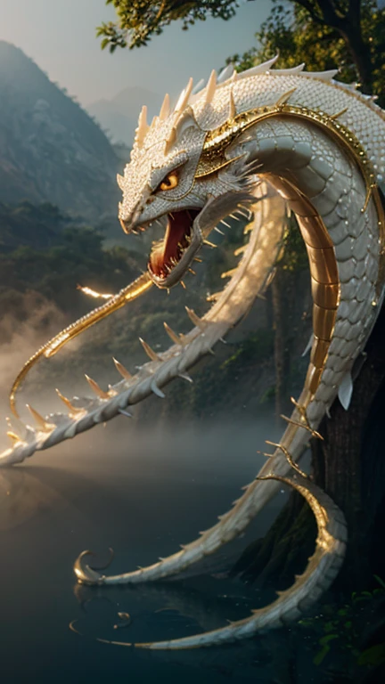 photorealistic, medium close up shot, a white snaky Chinese dragon with golden hairs, fog, very long body, crystal sphere, trees, lakeside, golden hours.