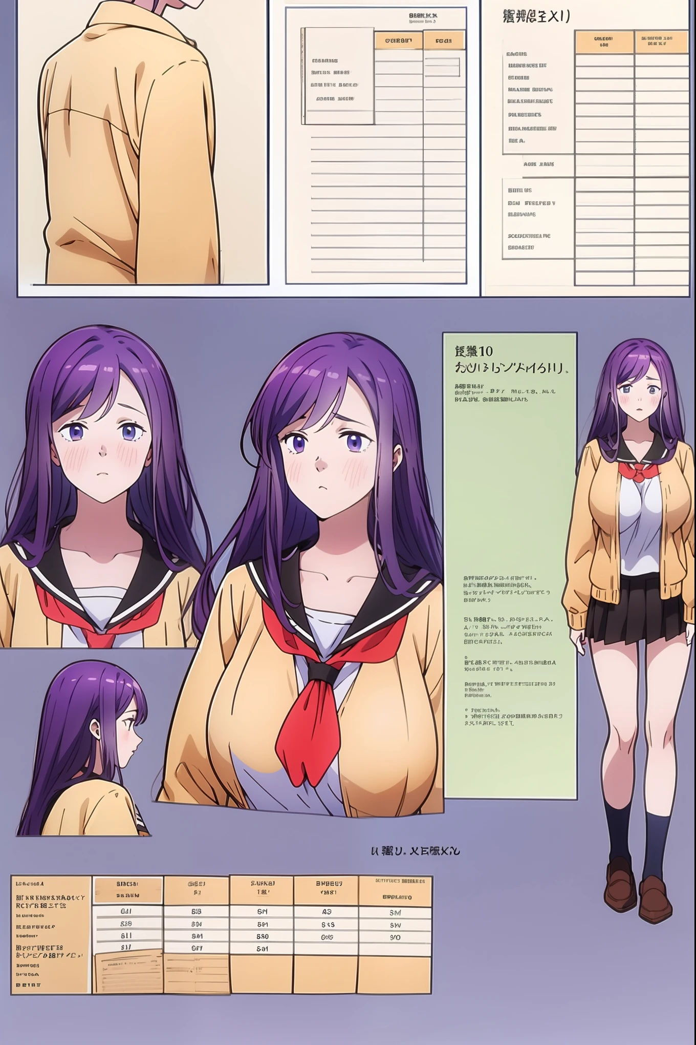 girl, solo, full body, from head to toe, standing, (Huge_Breasts:1.3), beautiful body, perfect body, nice body,

((Character Design Sheet:1.7, character reference sheet:1.7,)),

kubo nagisa, purple hair, long hair, school uniform, short skirt, mini skirt, 