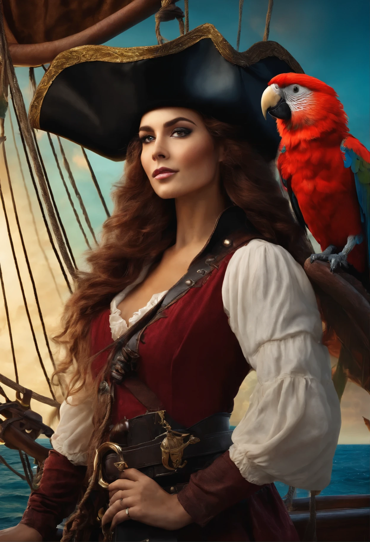 A beautiful pirate with a pirate hat on her head and a parrot on her shoulder. Her hair is red and her eyes are beautiful. She is standing on a pirate ship with a pirate flag.