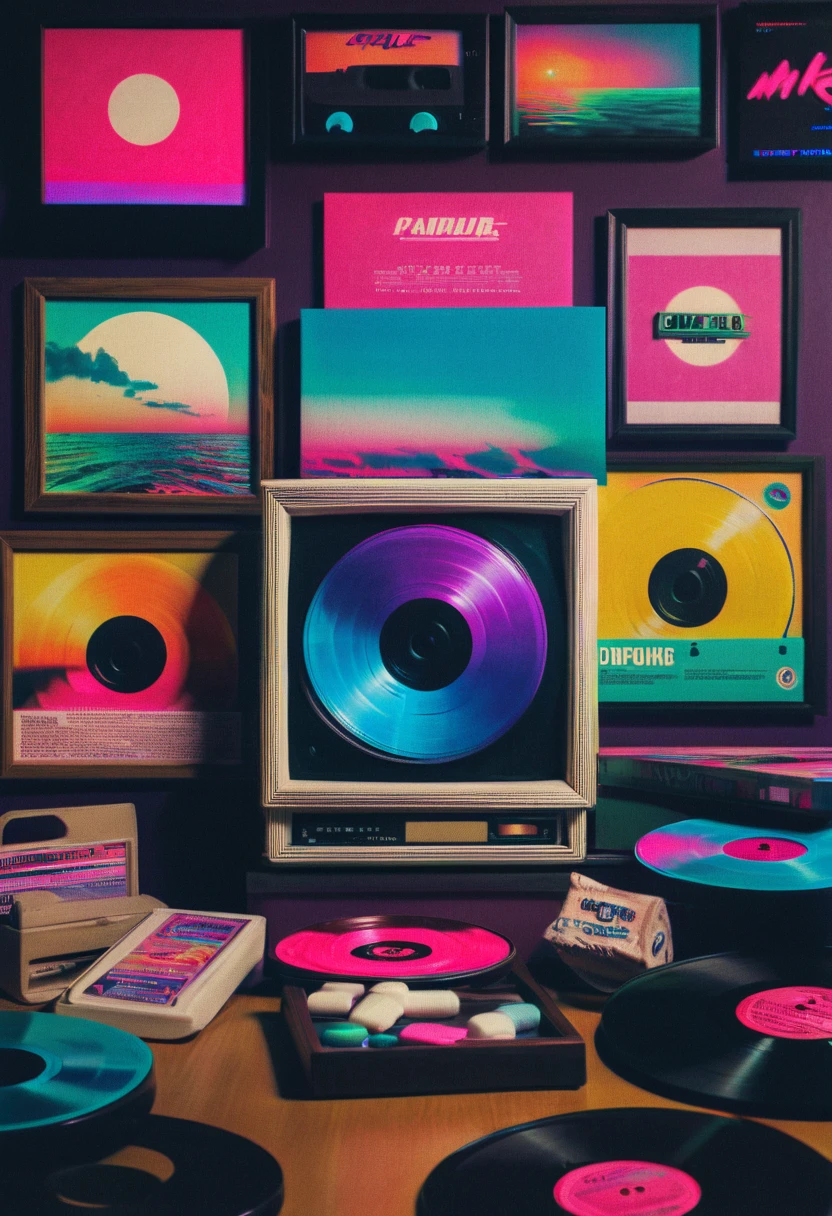 Framed, capsuled, pils, drugs, medicine,80's, vinyl records,Vaporwave Aesthetic style, synthwave,
