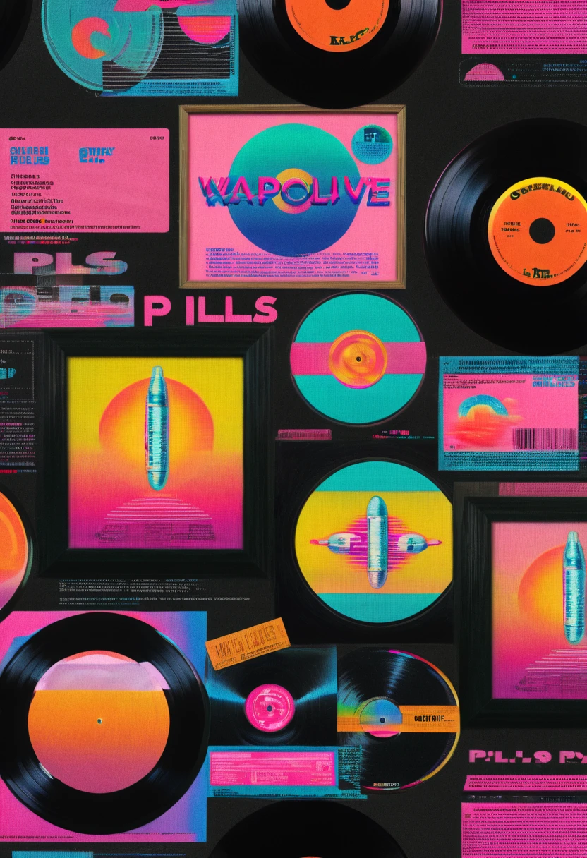 Framed, capsuled, pils, drugs, medicine,80's, vinyl records,Vaporwave Aesthetic style, synthwave,