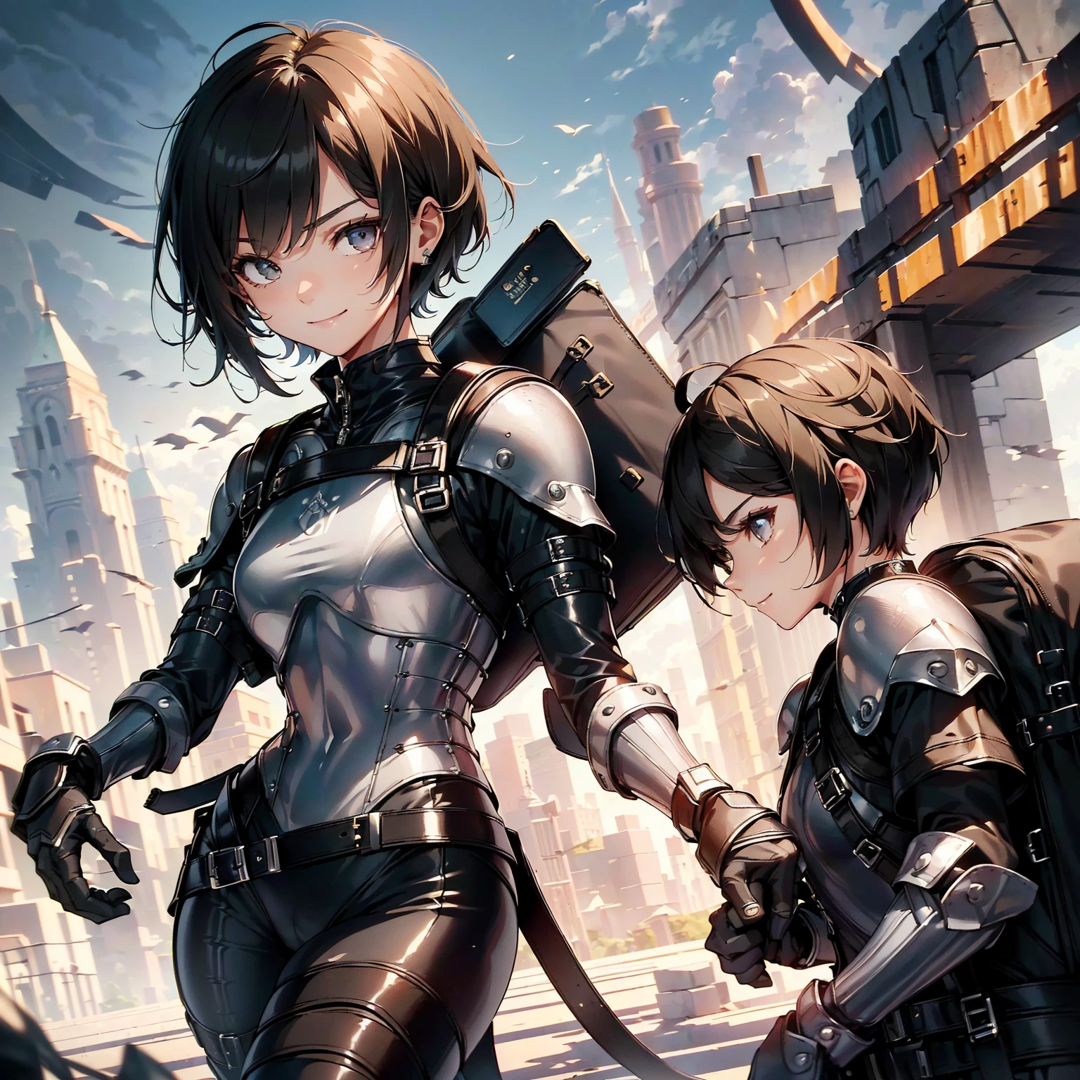(masterpiece、highest quality、highest resolution、clear_image、detailed details): (whole body、18 year old female fighter，Slender、small face、black super bob short hair、Shiny black tight combat uniform，tight suit、Gentle smile、Backpack)