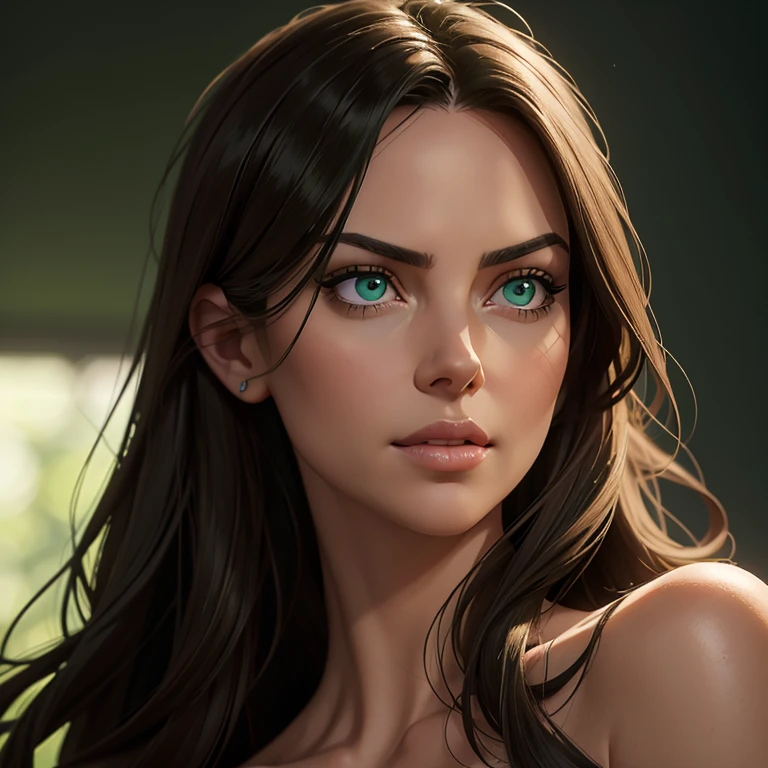 best quality,ultra-detailed,realistic),beautiful detailed green eyes,close-up portrait,Charlize Theron with mesmerizing eyes,graceful and confident posture,soft lighting,dark green background,vibrant colors,hint of mystery and allure,photorealistic rendering,striking beauty,studio shot,sharp focus,intense gaze,sophistication and elegance,subtle smile,high resolution,professional photography,hint of drama,celebrity beauty,perfect complexion,long dark lashes,long wavy brunette hair,subtle makeup,flawless skin,expressive eyes,enchanted beauty,subtle highlights on the face,subtle shadows,subtle reflection in the eyes,faint hint of greenery,emerald green mesmerizing gaze,mesmerizing and captivating presence
