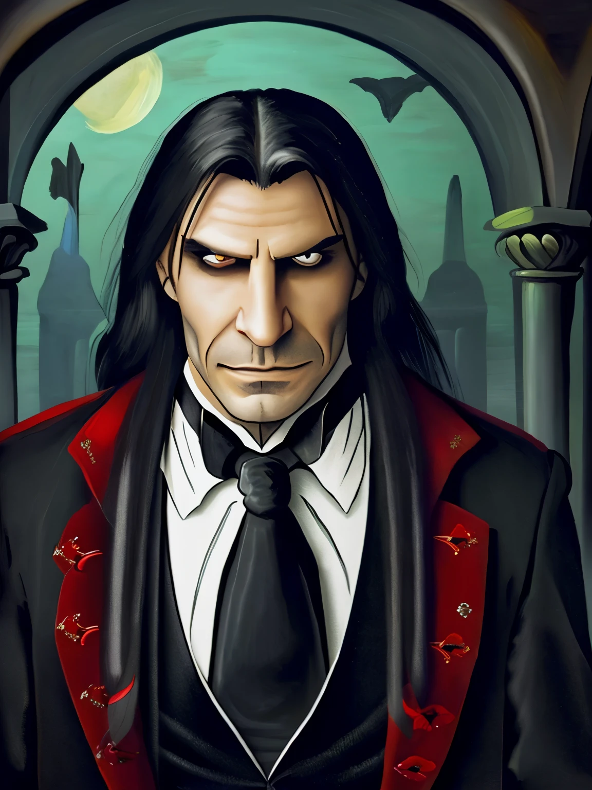 (vlozhkin style), male vampire, long hair, fangs, Strahd von Zarovich, castle, widow's peak, clean-shaven, toothy smile, fangs