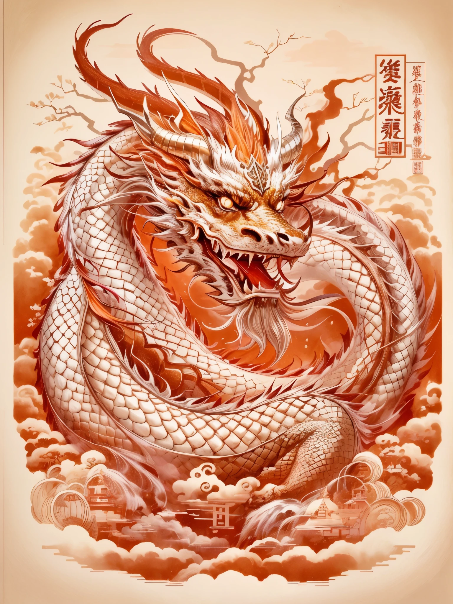 balgaviin white gold chinese dragon Kongming lantern, in the style of emphasis on negative space, light red and gold, graphic novel inspired illustrations, close up intensity, silkscreening, political illustration, iconic album covers，solo,龙嘴，龙爪，四肢