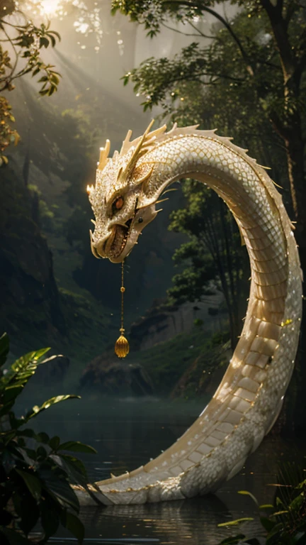 photorealistic, medium close up shot, a white snaky Chinese dragon with golden hairs, fog, very long body, crystal sphere, trees, lakeside, golden hours.
