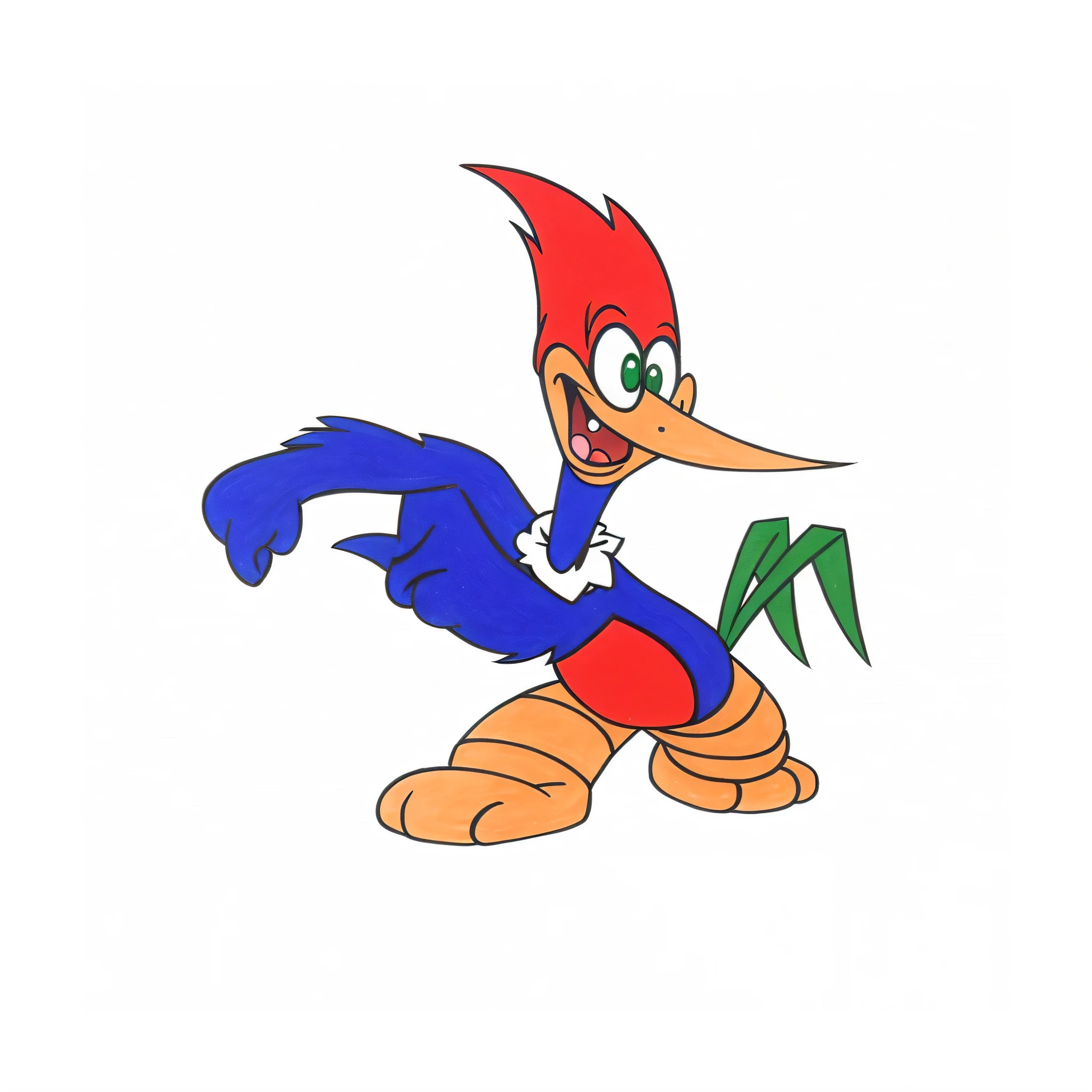 personagem de desenho animado of a bird with a green arrow in its beak, personagem de desenho animado, estilo loony tunes |, anthropomorphic bird, animation character, Ganso, personagem mesclado, convencido, colorido em azulberra e laranja, estilo maluco dos desenhos animados, character dancing, criatura dos desenhos animados, production animation cel, desenho animado pateta, inspirado em Jacob Pato, estilo de arte dos desenhos animados