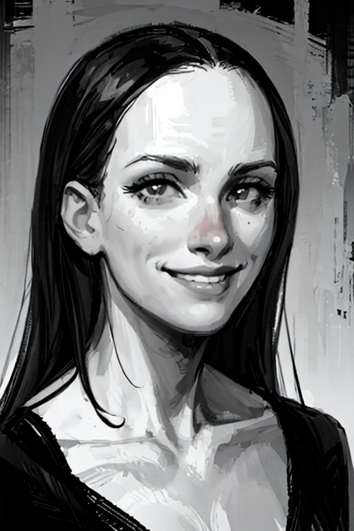 1girl, greyscale, monochrome, solo, realistic, looking_at_viewer, portrait, smile, long_hair, lips, closed_mouth, eyelashes