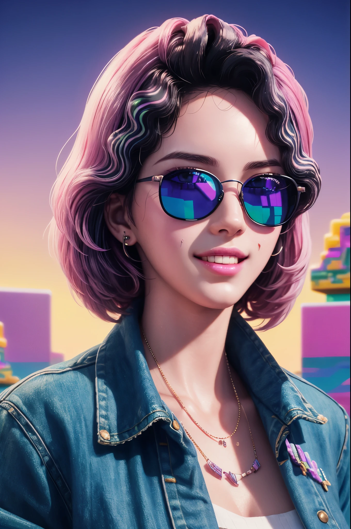 a lady,centered,hair clip,sunglasses,gorgeous smile,jacket,sharp focus,ultra-detailed photo,portrait,intricate,8k,(vaporwave:1.5),cinematic lighting,harmonious colors,(gorgeous color grading),happy,masterpiece,perfect anatomy,digital art,divine proportion,vaporwave aesthetic